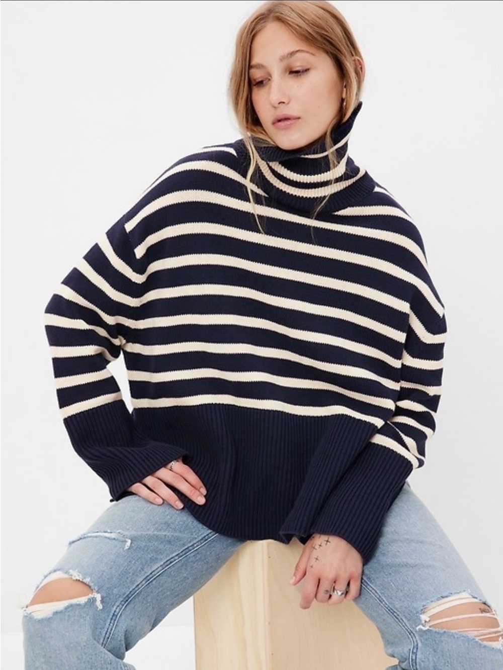 GAP Navy and Cream Striped Turtleneck Sweater